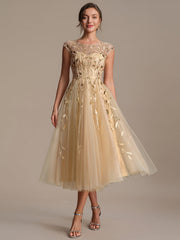 See-through Sequin Cap Sleeve Wedding Guest Dress #color_Gold