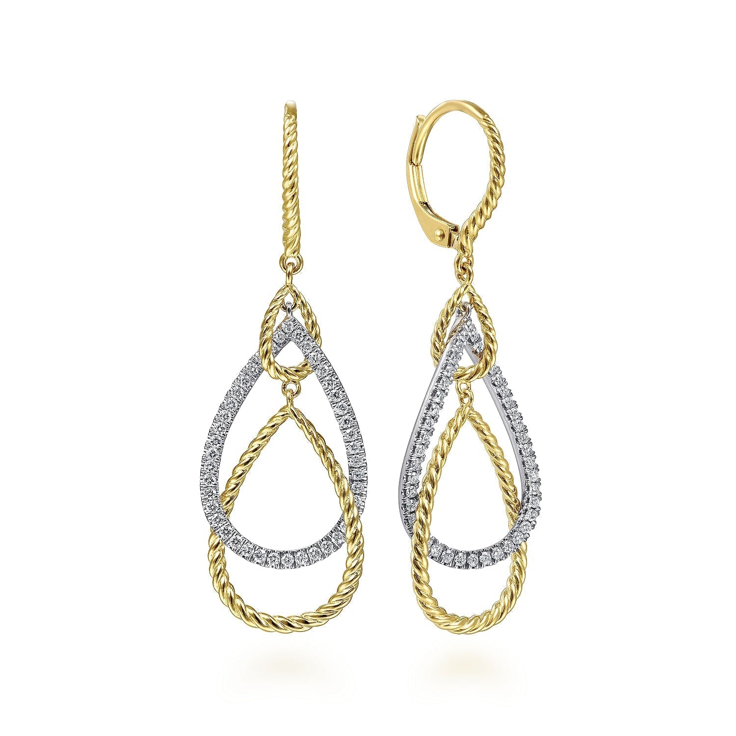 14K White-Yellow Gold Layered Teardrop Diamond Earrings