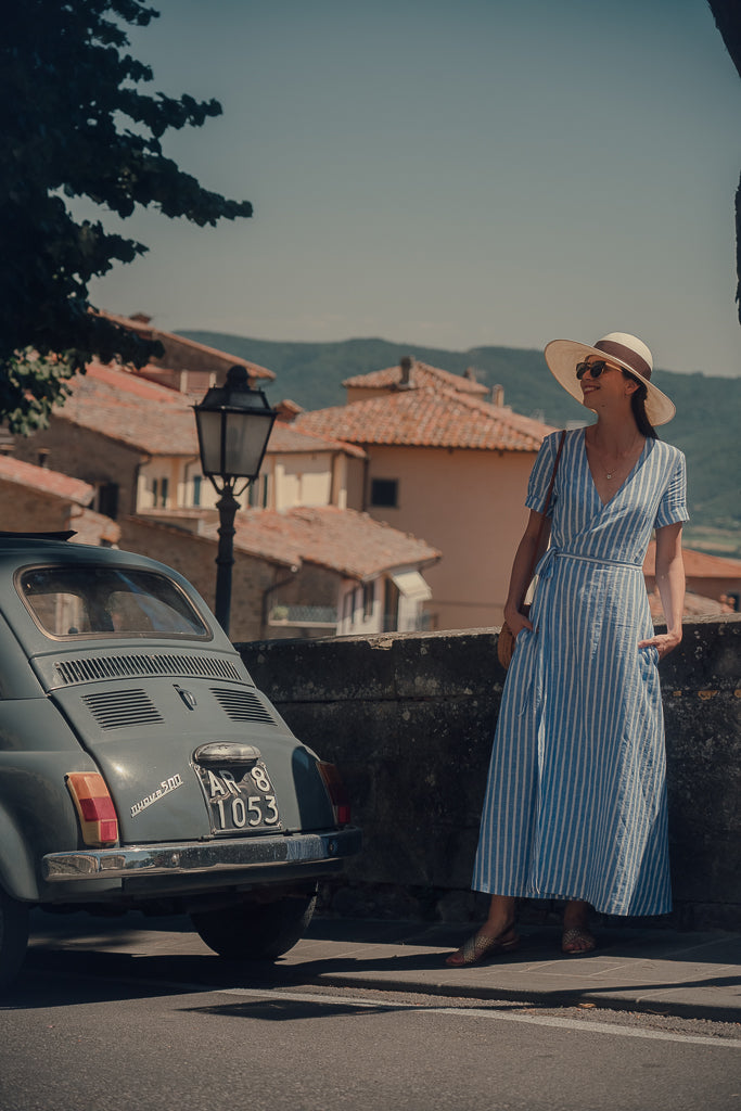 ELISE WRAP DRESS IN STRIPED LINEN