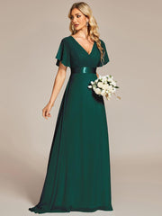 Long Chiffon Empire Waist Bridesmaid Dress with Short Flutter Sleeves #color_Dark Green
