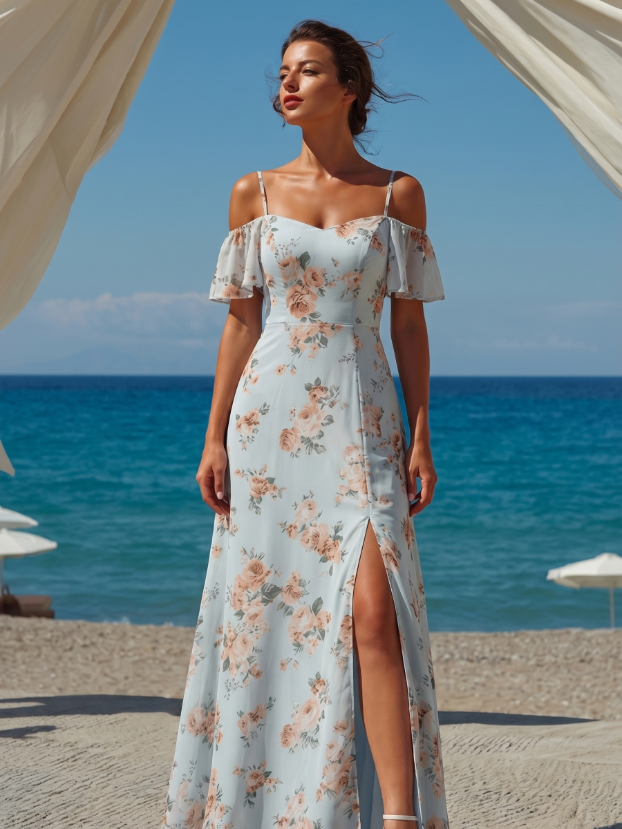Stylish Cold Shoulder Flare Sleeves Flowy Bridesmaid Dress #color_Amber Bloom