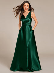 Double V-neck Satin Maxi Formal Dress with Pockets #color_Dark Green