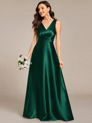 Color=Dark Green | Elegant Deep V-Neck Floor Length Empire Waist Satin Bridesmaid Dresses with Pockets-Dark Green 41