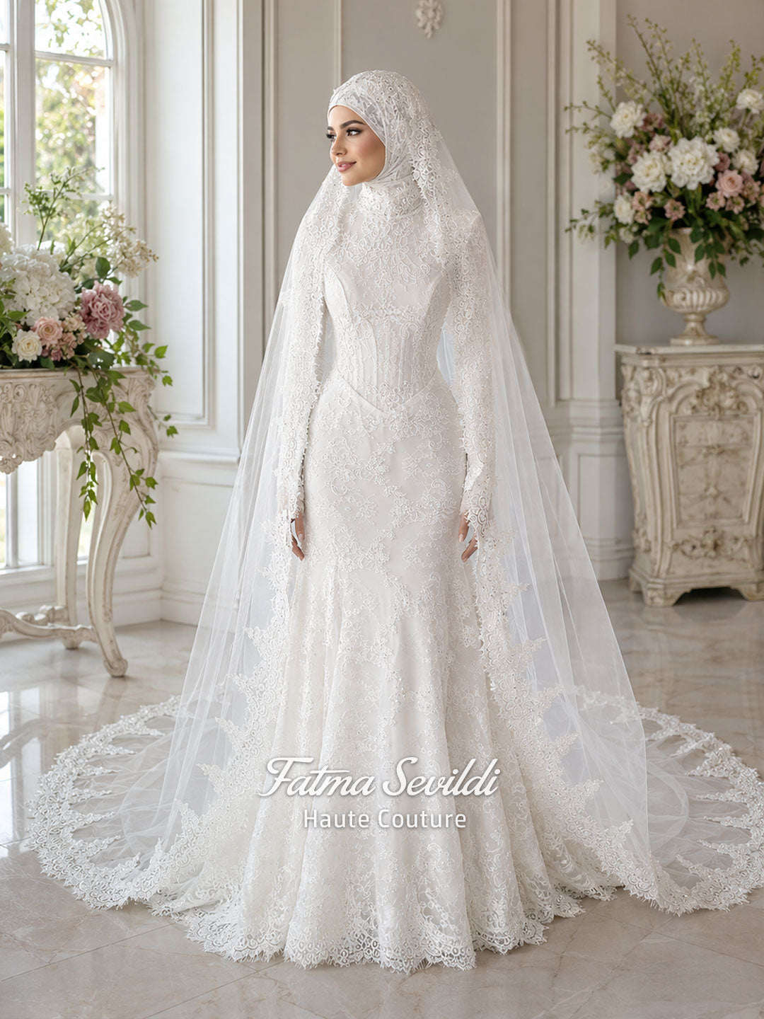Luxury Hijab Wedding Dress, Mermaid Basque Corset, Long Sleeve Lace, Veiled