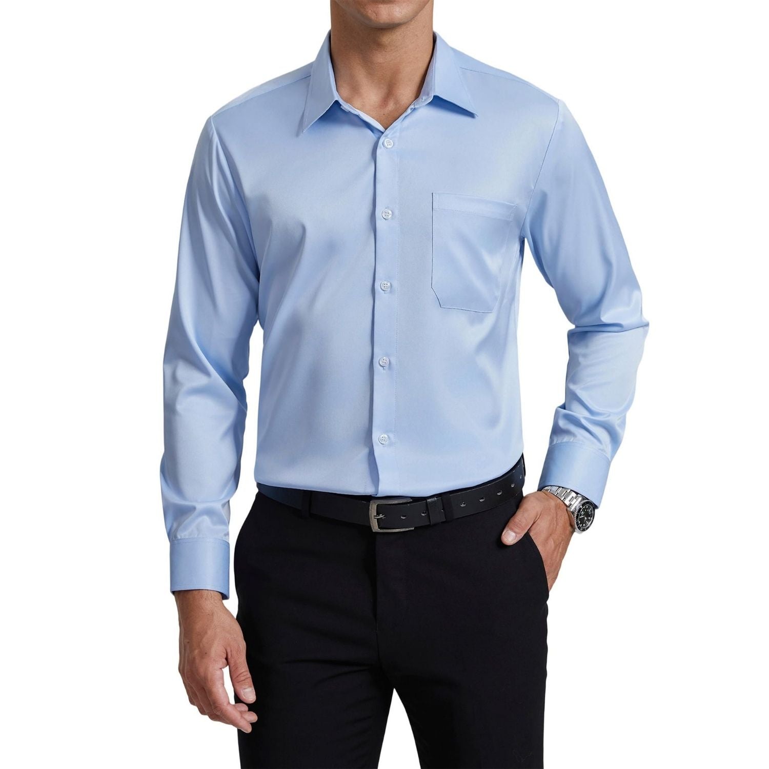 Men's Non-Iron Dress Shirt Long Sleeve 4-Way Stretch Wrinkle Free Blue Formal Shirt