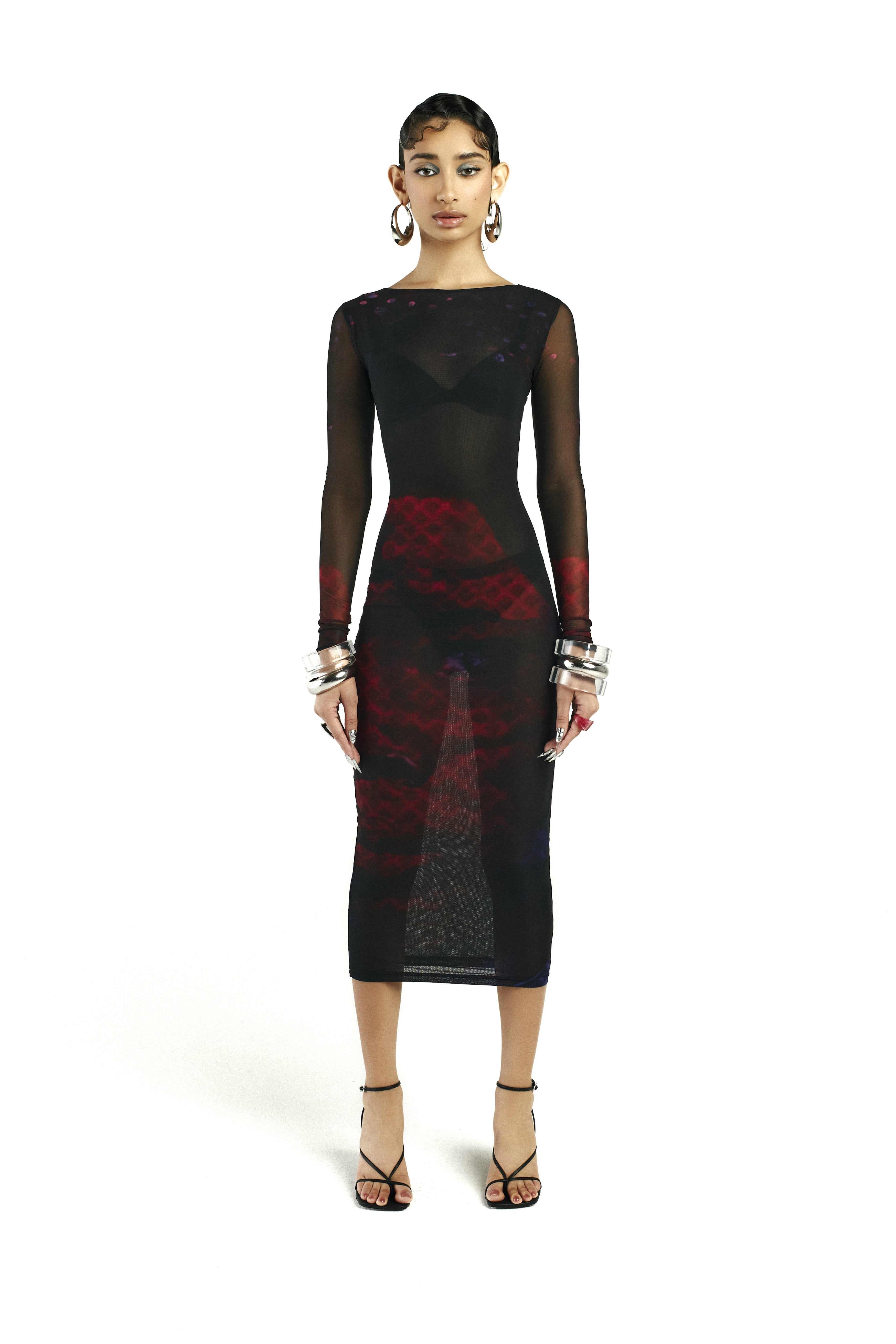 Model 1 wearing Sage Dress, front view.