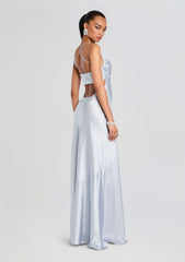 Back view of a silver blue Emery Embellished Silk Dress with crystal bandeau top and crisscross straps