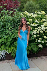 Elegant Blue Silk Satin Sheath V Neck Spaghetti Straps Prom Dresses, MP1042 | cheap prom dress | long prom dress | evening gown | musebridals.com
