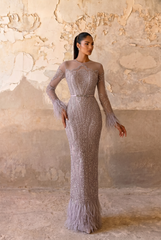 Elegant Pink Sequin and Feather Evening Dress - Pink Beaded Long Sleeve Evening Gown with Feather Trim Plus Size