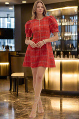 Entro Red Plaid Puff Sleeve Mini Dress with Front Zip-Dresses-Entro-Deja Nu Boutique, Women's Fashion Boutique in Lampasas, Texas