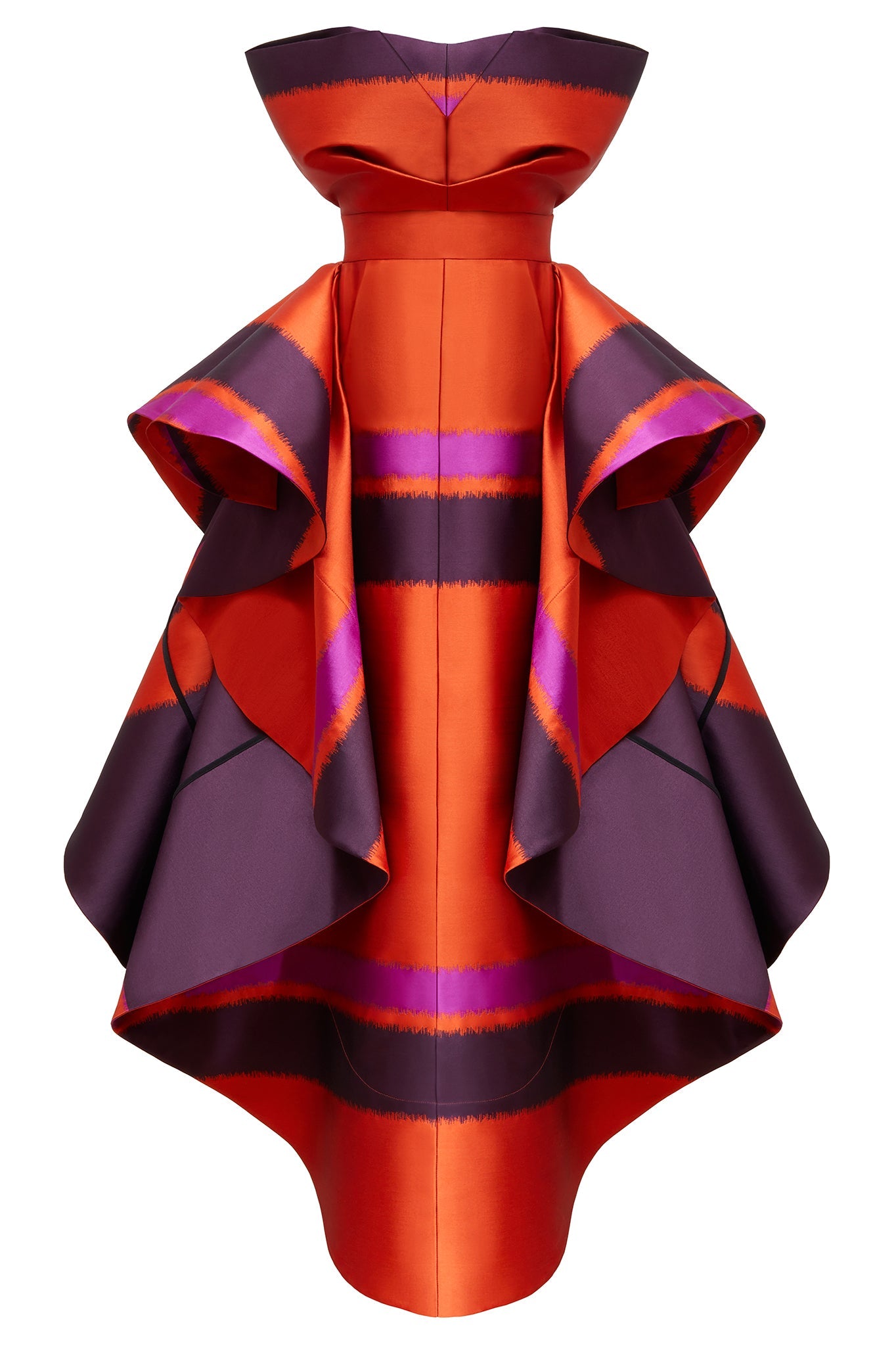 Another feature piece on our AW17 catwalk, this 'erupt' dress is fabricated here in a striped orange, pink and deep purple blended silk, this breathtaking evening / occasion dress is the perfect piece for any event if you want to stand out from the crowd. Fitted at the waist, and comprising of an internal corset, the 3D drape at the front gives a sculptural element that balances perfectly with the dramatic sides.