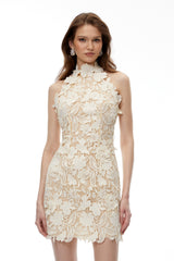 Estelle Neutral High Neck Lace Mini Dress