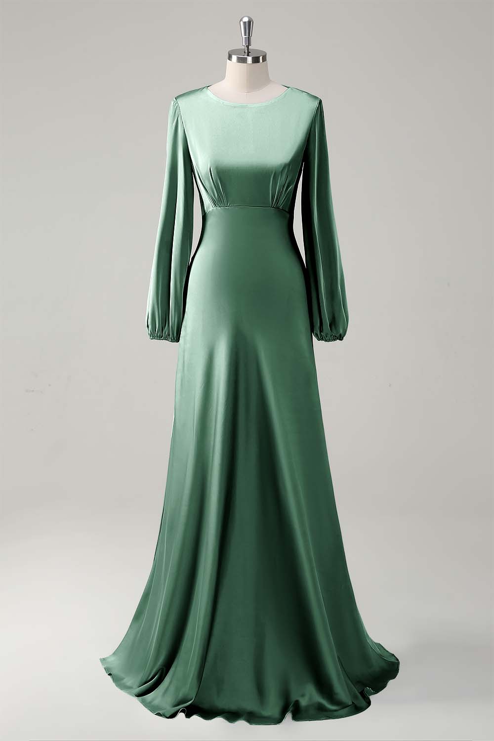 Eucalyptus Satin Round Neck Modest Bridesmaid Dress with Long Sleeves