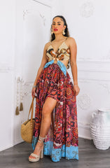Boho Patchwork Cutout Maxi Dress with Side Slit