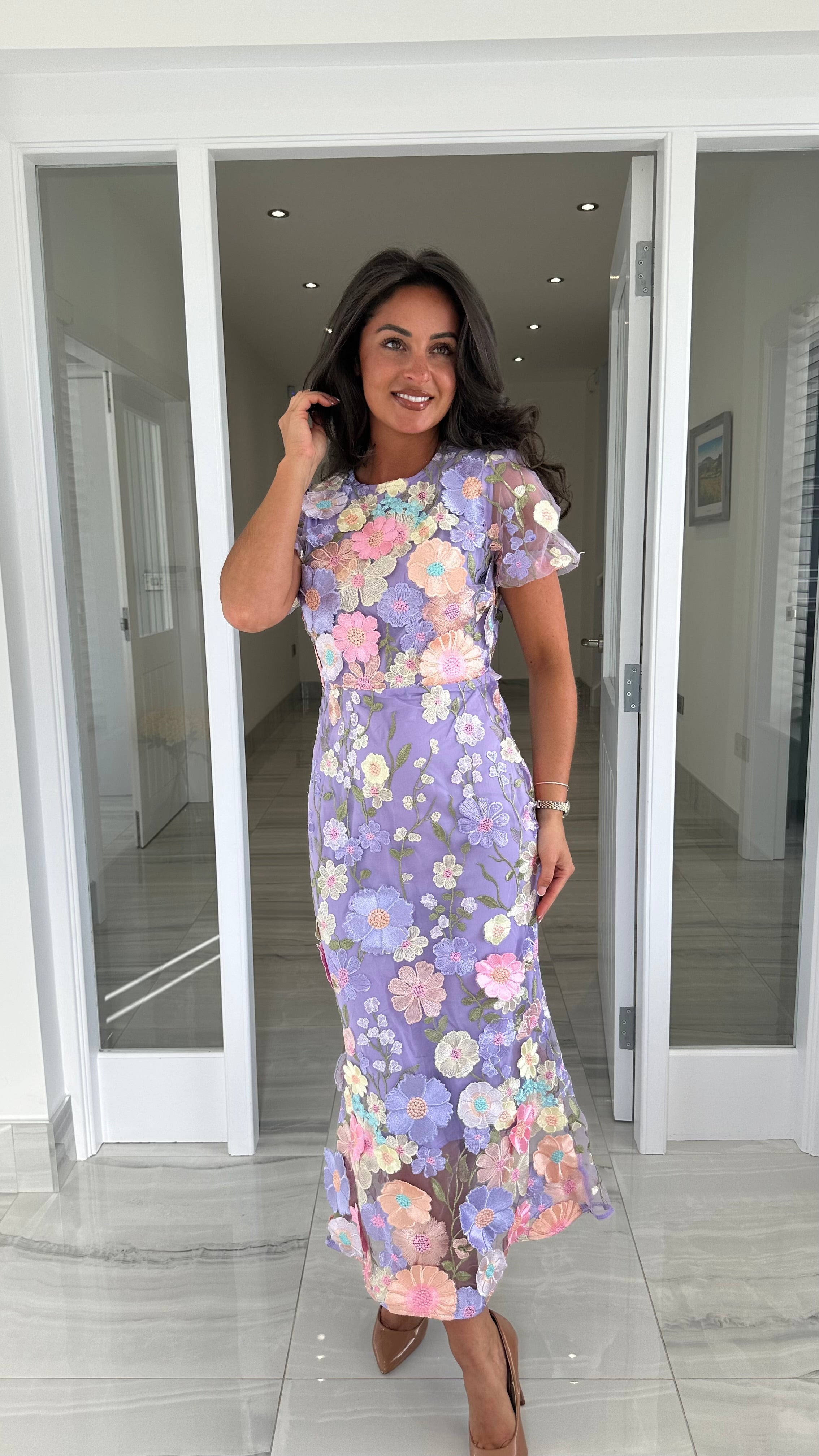 Lilac Floral Midi Dress with 3D Floral