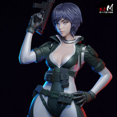 Painted Motoko Kusanagi collectible figure posed holding SMG, wearing detailed tactical bodysuit and gear.