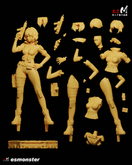 Modular unassembled parts of Motoko Kusanagi collectible statue including body, weapons, hair sculpts, and tactical accessories.