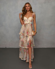 Cream Multi % Reina Tiered Mesh Floral Maxi Dress-1