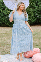 Chic Soul plus size clothing, ice blue maxi dress with bubble sleeves a v-neckline and a white eyelet floral pattern throughout the dress