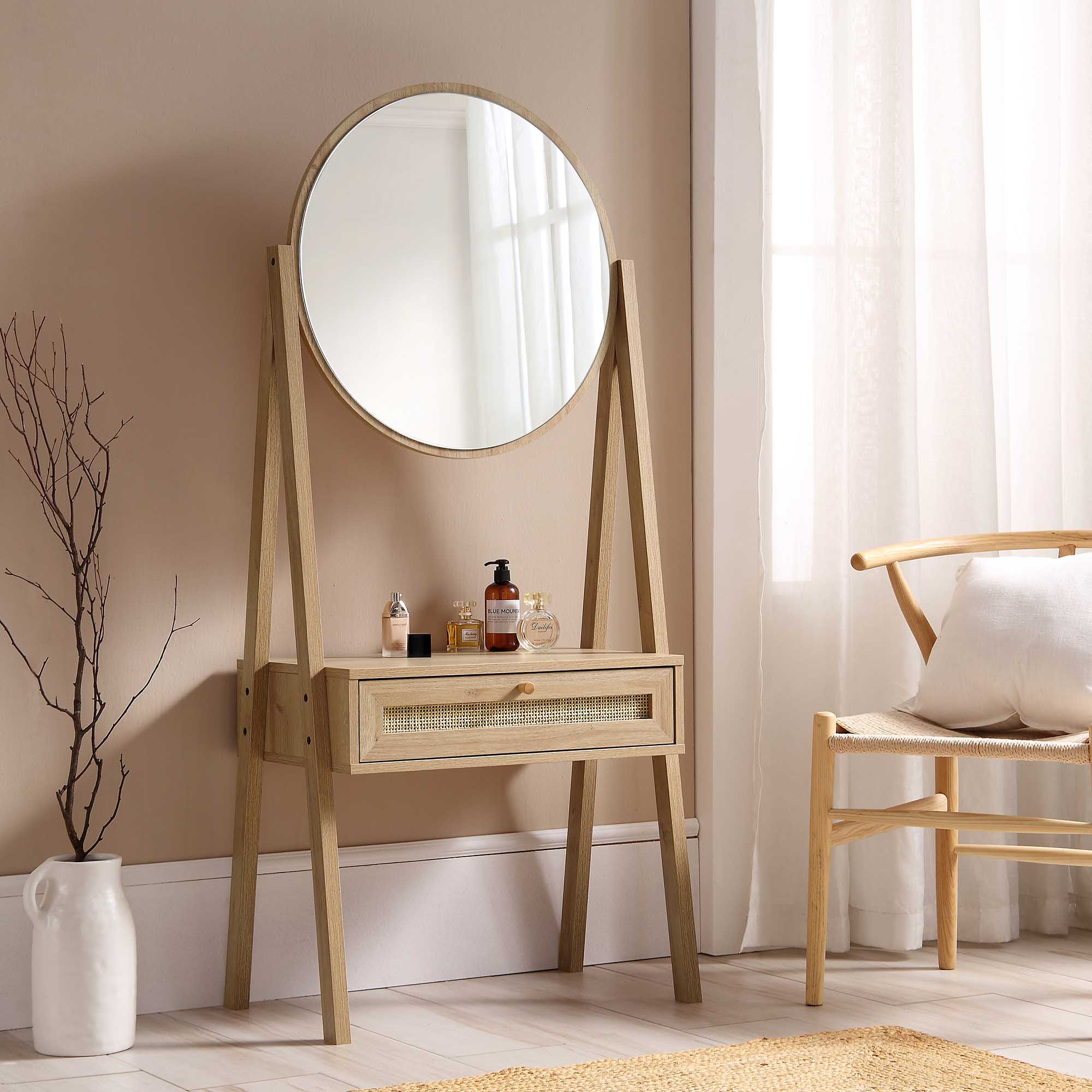 Frances Woven Rattan Standing Vanity Table with Mirror, Natural