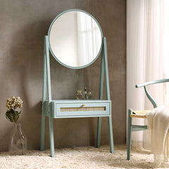 Frances Woven Rattan Standing Vanity Table with Mirror, Mint