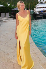 Yellow Straps V-Neck Slit Maxi Bridesmaid Dress with Lace-up