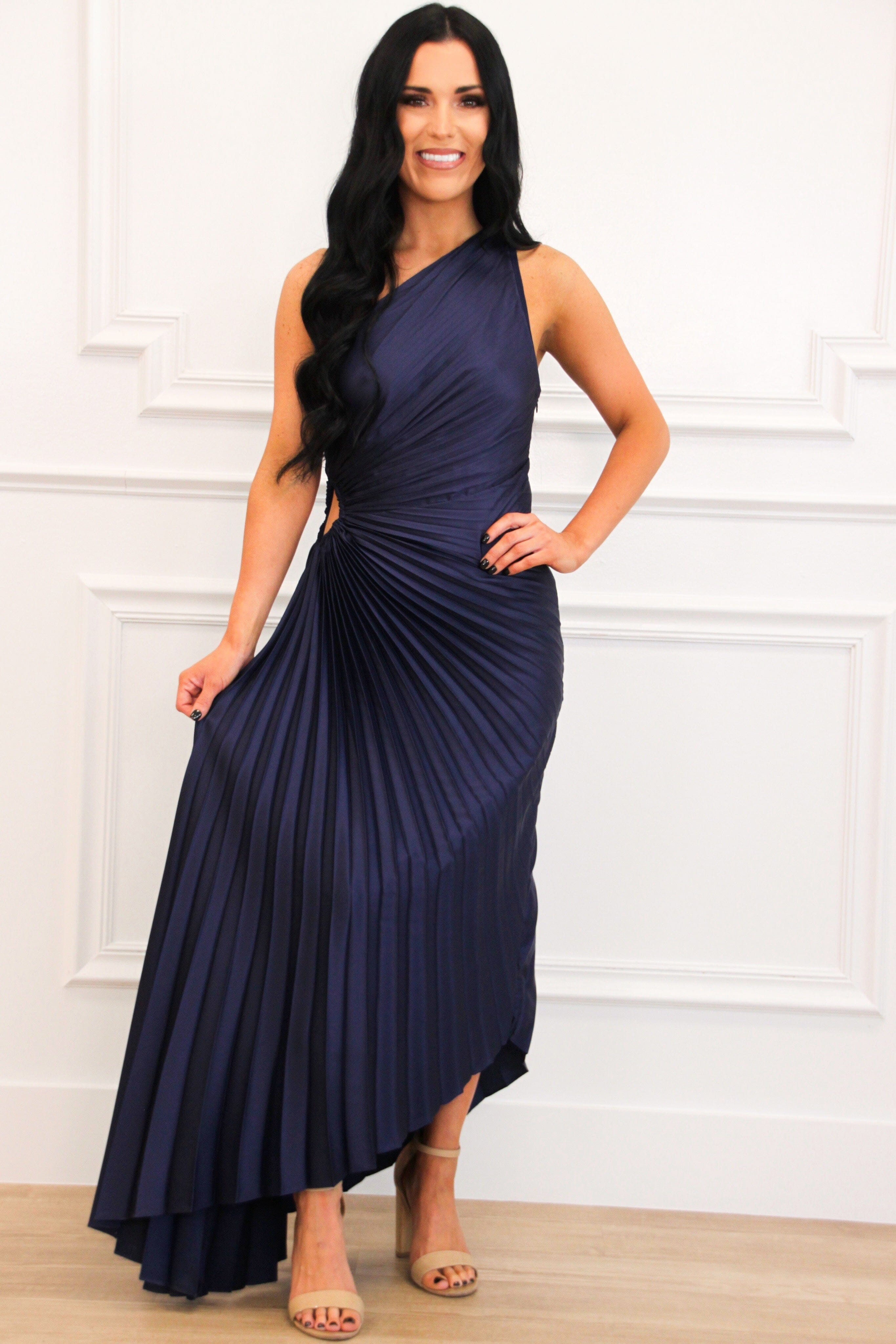 Novelle One Shoulder Pleated Asymmetrical Maxi Dress: Midnight Blue - Bella and Bloom Boutique