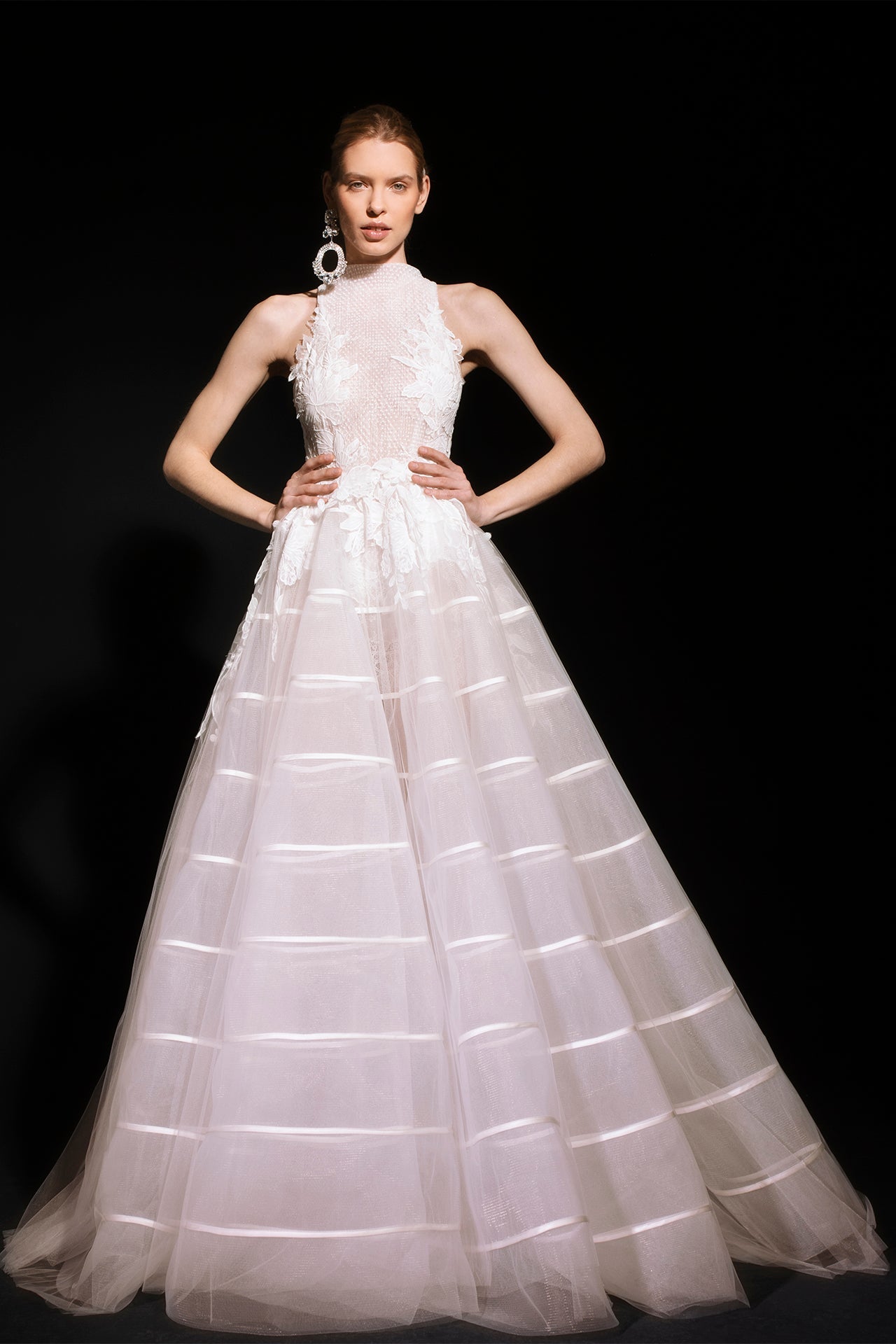Princess-Cut Wedding Dress with Racerback Neckline and Geometric Tulle Skirt