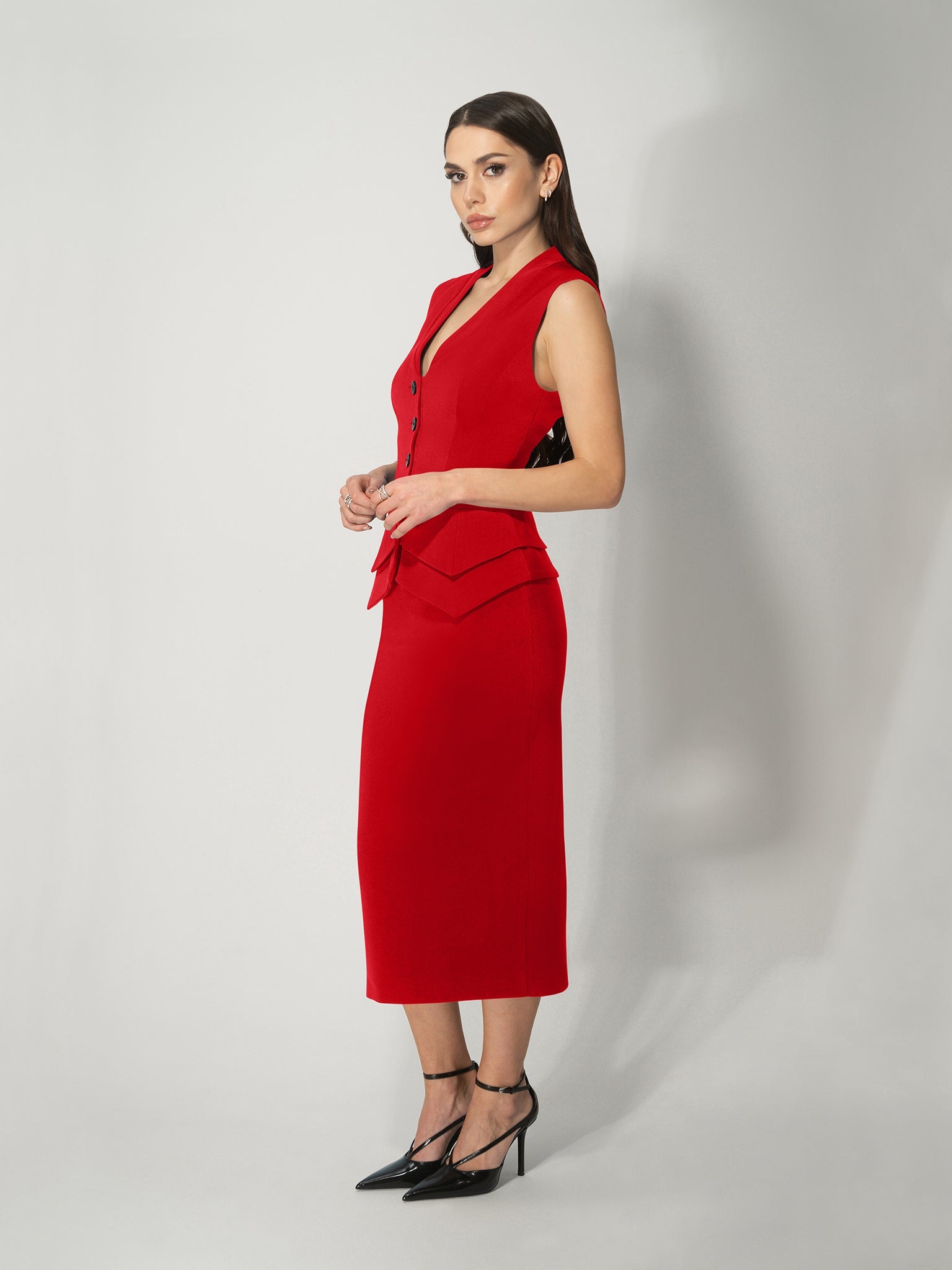 Fitted Waistcoat & Skirt Set - Fierce Red by Tia Dorraine Women's Luxury Fashion Designer Clothing Brand