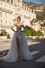 Modern fitted wedding dress with detachable ruffled overskirt