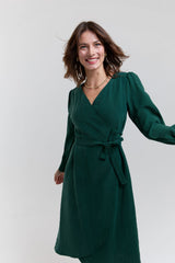 green midi wrap dress with belt sustainable women office dress