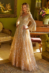 Gold Sequin A-Line Gown with Long Sheer Sleeves & V-Neckline –