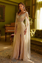 Prom Dresses Long Formal Cape Sleeve Prom Dress Champagne