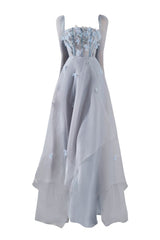 Gray Hayley organza flared maxi gown by Happy Clothing, flowing fabric, fitted bodice, and elegant floor-length design.