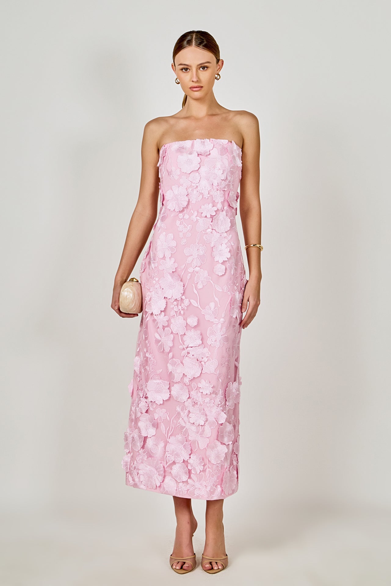 Strapless 3D Applique Midi Dress