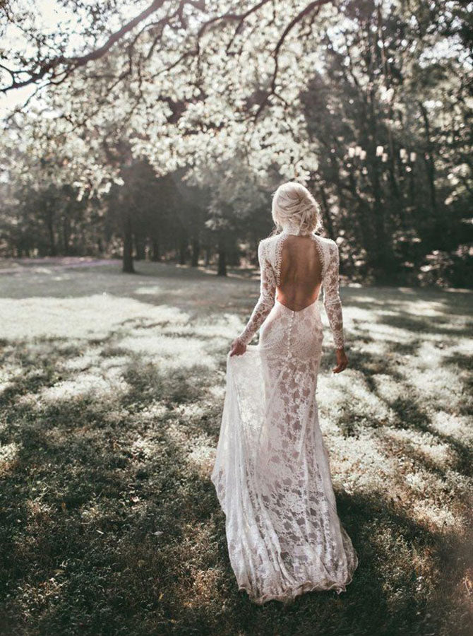 Lace Mermaid Wedding Dresses with Long Sleeves,Chic Bridal Dress,WD00341
