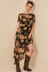 HY6179 Black Womens Romantic Floral Cinch Waist Asymmetric Hem Dress Full Body