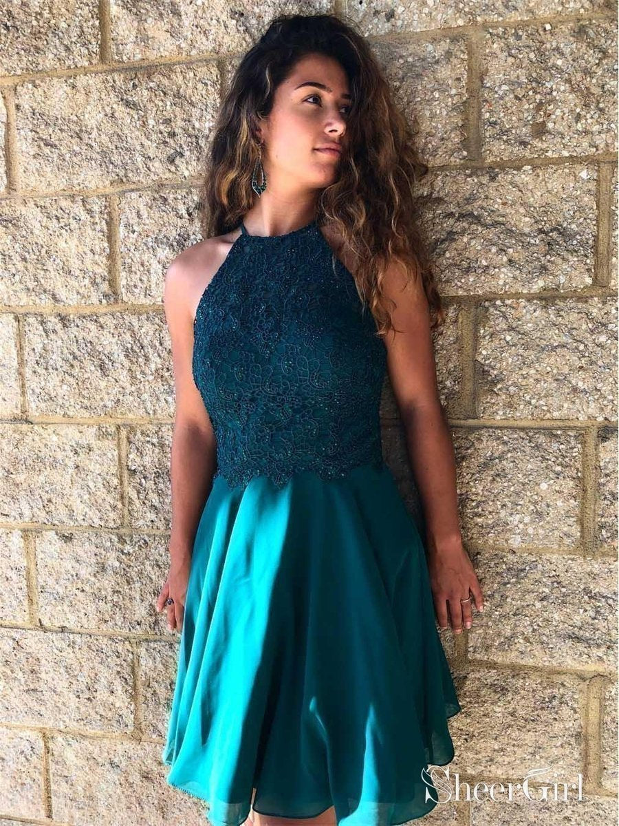 Halter Mini Lace Homecoming Dresses Sexy Backless Junior Summer Dress ARD1561-SheerGirl
