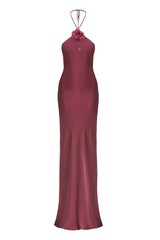 Stolen Stores CULT MIA X Stolen Stores burgundy halter bias maxi dress with a flowing silhouette and sleeveless design.