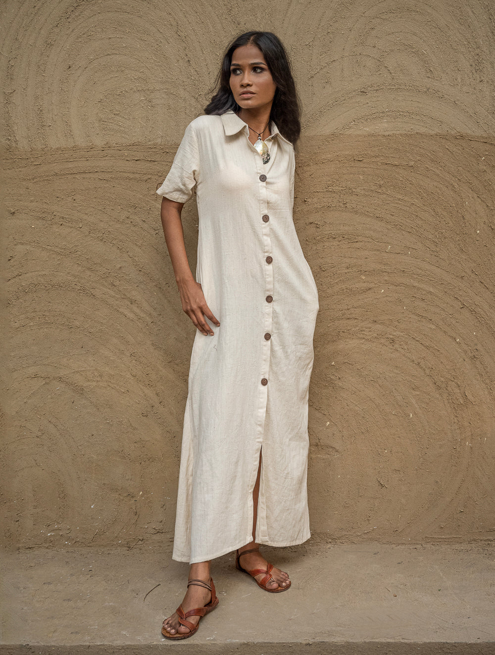 Handwoven Elegance. Organic Kala Cotton Long Shirt Dress - Pure Cream