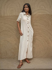 Handwoven Elegance. Organic Kala Cotton Long Shirt Dress - Pure Cream