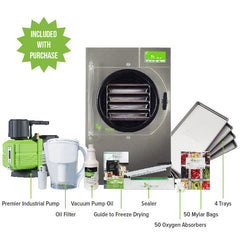 The Harvest Right Home Pro Freeze Dryer Stainless Steel - Medium kit includes an industrial vacuum pump, oil filter, vacuum pump oil, sealer, guide, mylar bags, oxygen absorbers, metal trays & food samples for easy freeze drying. Includes "Included with Purchase" badge.