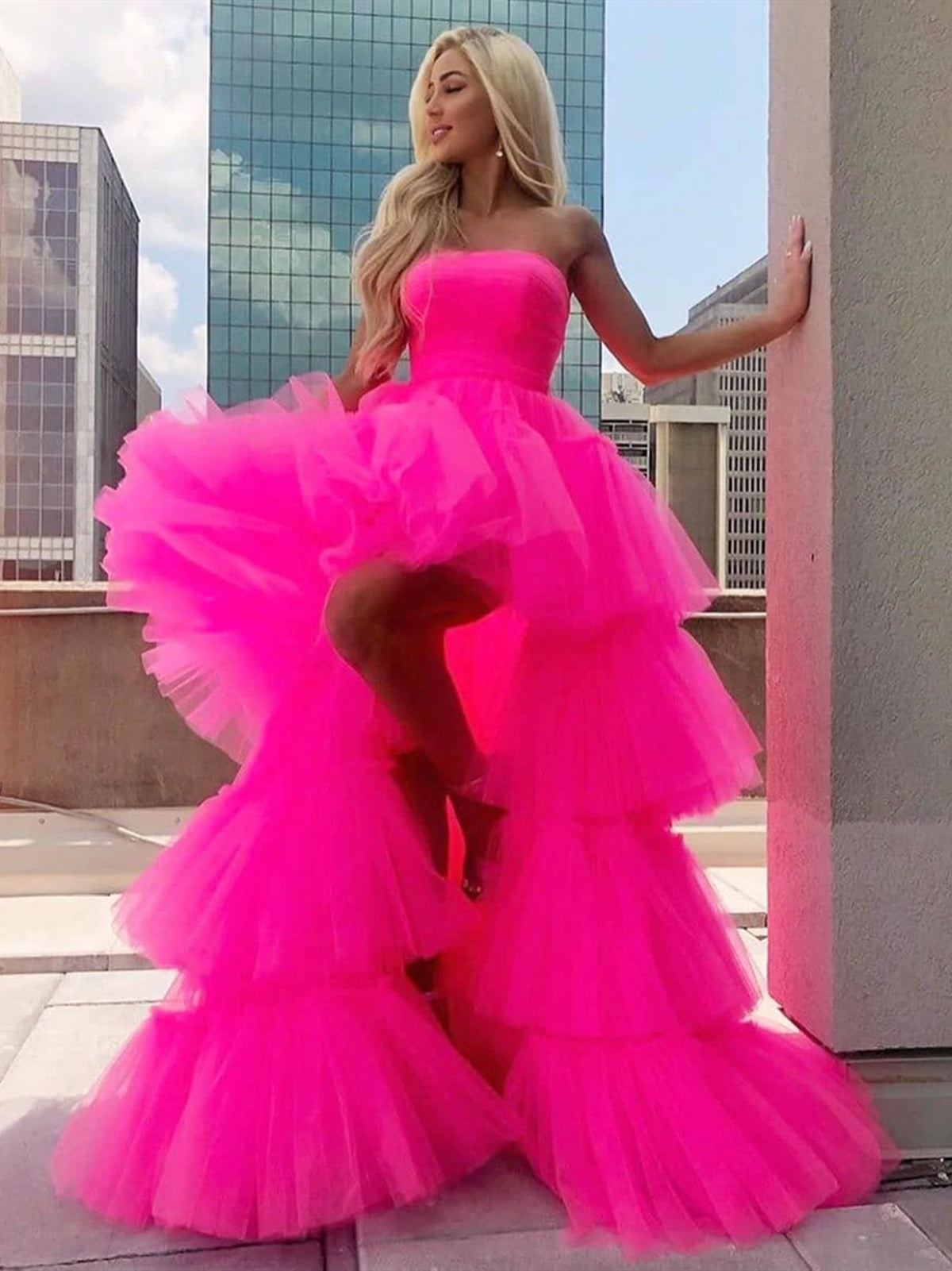 Hot Pink High Low Tulle Prom Dresses, High Low Pink Tulle Formal Graduation Dresses