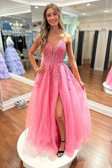 Hot Pink Tulle A Line Lace Appliques Floor Length Prom Dresses With Slit, MP948 | pink prom dress | prom dress for girls | evening gown | musebridals.com