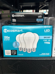 EcoSmart A19 LED Light Bulbs – 100W Equivalent, Daylight (4-Pack) *Pick Up Only*