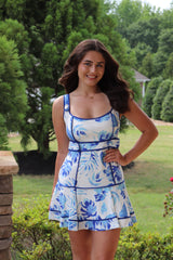 Blue and white Floral Print Fit & Flare mini Dress