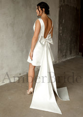 Simple A-Line Knee Length Backless Short Satin Wedding Dress – back view | AmberBride