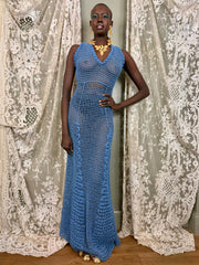 Gloria, 70s sky blue crochet long dress