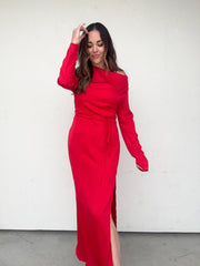Red Long Sleeve One Shoulder Dress