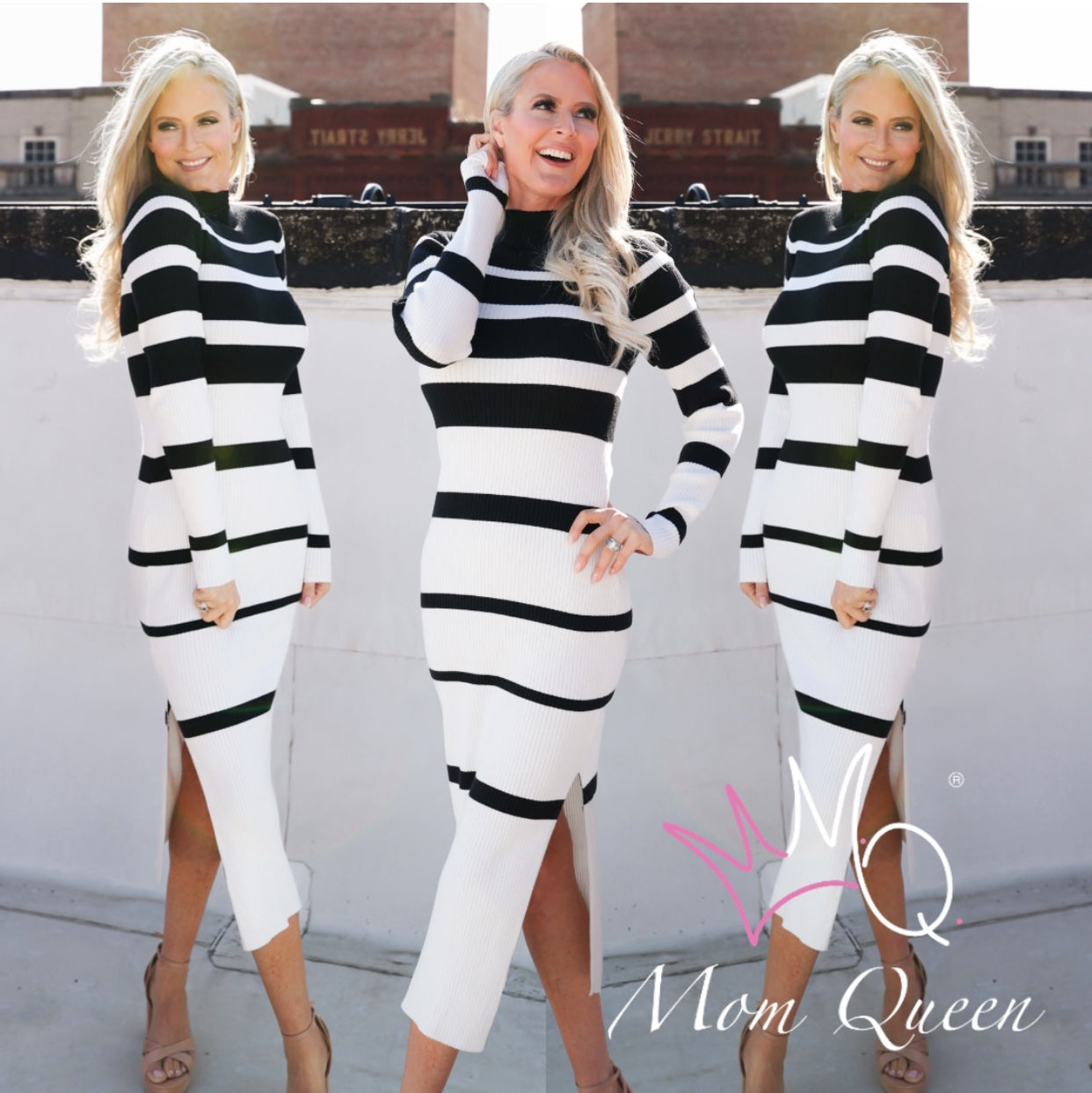 The Christina Sweater Dress: Black & White Striped Bodycon Midi Dress